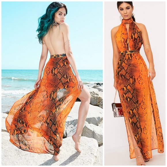 PrettyLittleThing Dresses & Skirts - PrettyLittleThing Halter Snake Print Maxi Dress